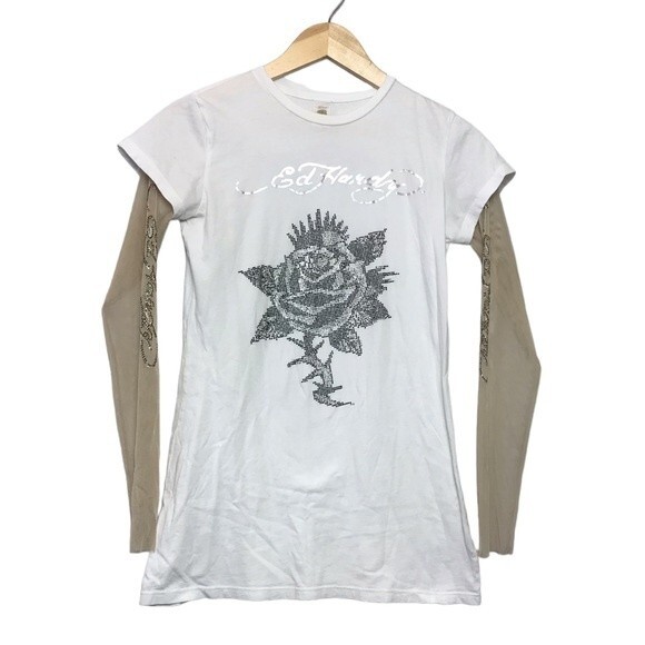 Vintage Y2K Ed Hardy Rose Rhinestone Baby Tee large Mesh Sleeves Bling 2000s - Picture 1 of 12